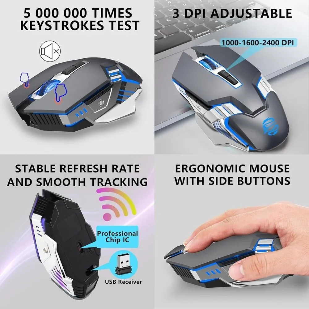 Bluetooth Mouse, Wireless Gaming Mouse with 800mAh Rechargeable Battery, 3 Modes